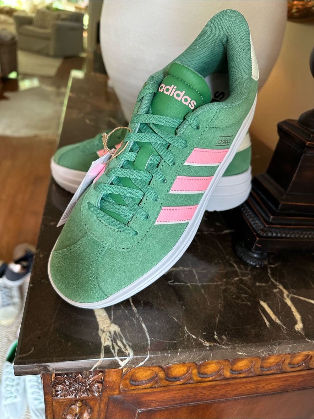 adidas Green Sneakers with Pink Three-Stripes